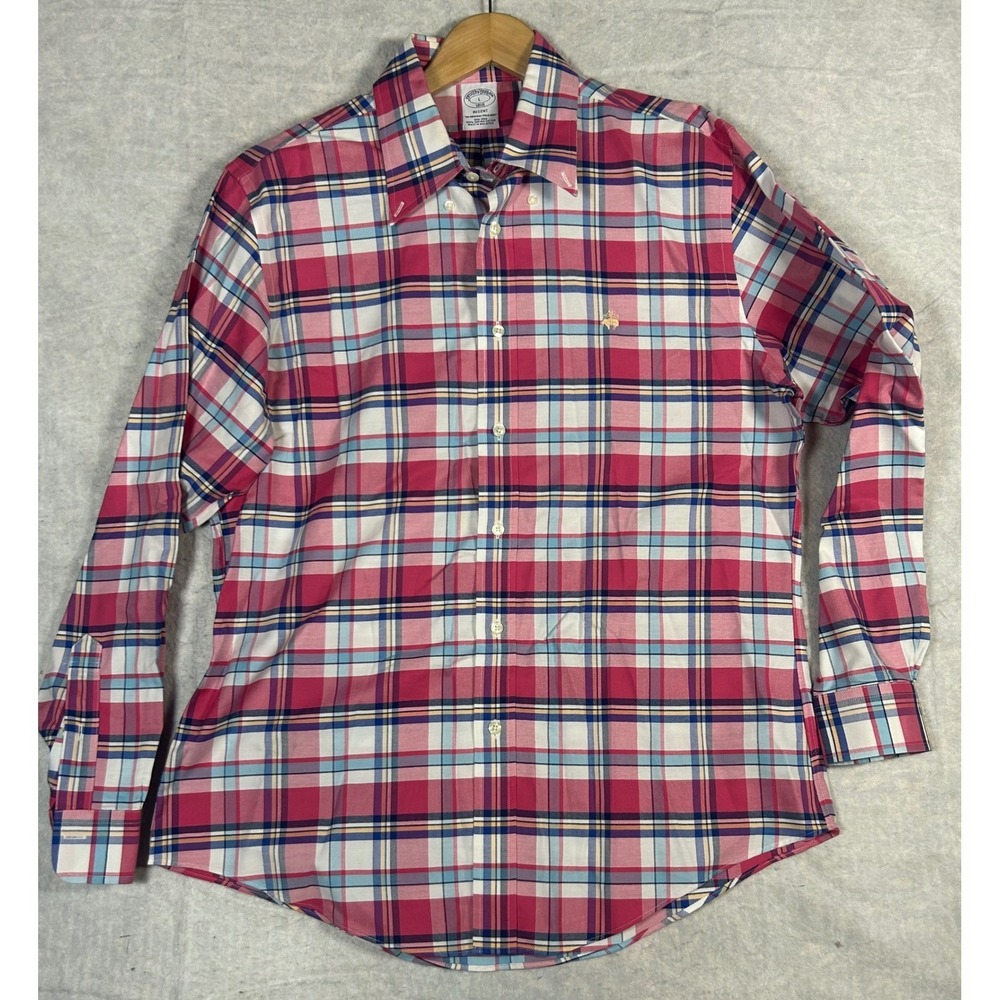 Brooks Brothers Regent Plaid No-Iron‎ Supima Cotton Button Down Shirt Men's L